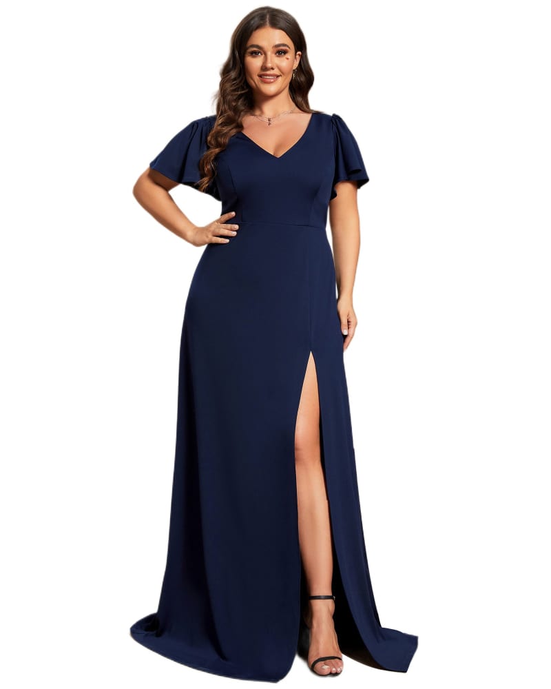 Front of a model wearing a size 24 Ruffles Sleeve A-Line Front Slit Bridesmaid Dress in Navy Blue by Ever-Pretty. | dia_product_style_image_id:302465